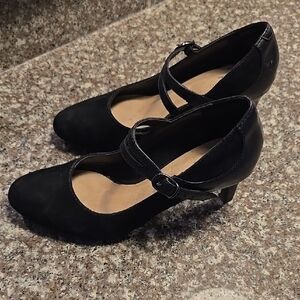 EUC CLARKS Elegant Black Women's Mary Jane Heels Ladies Size 6.5